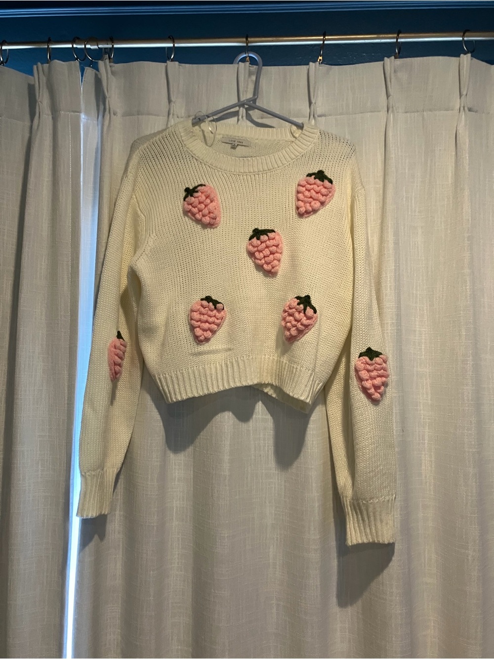Love Tree Cream Crewneck Sweater with Pink Strawberry Appliqués